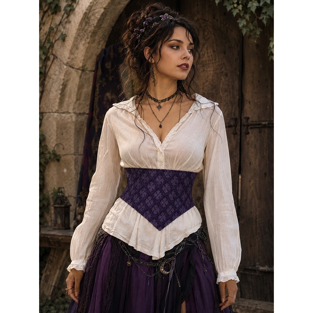 Purple Floral Lace Waist Cincher Belt Corset Lace-Up Renaissance Boho Fairy